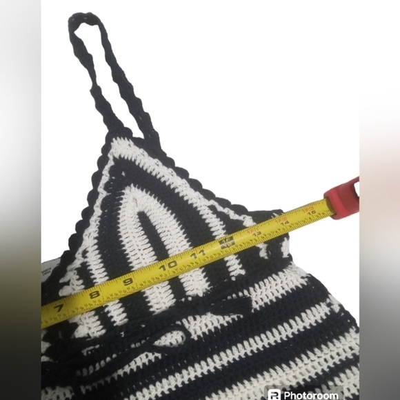 Zara Blue White Crochet Stripe Drawstring Waist Crop Tank Top Small - Picture 4 of 7